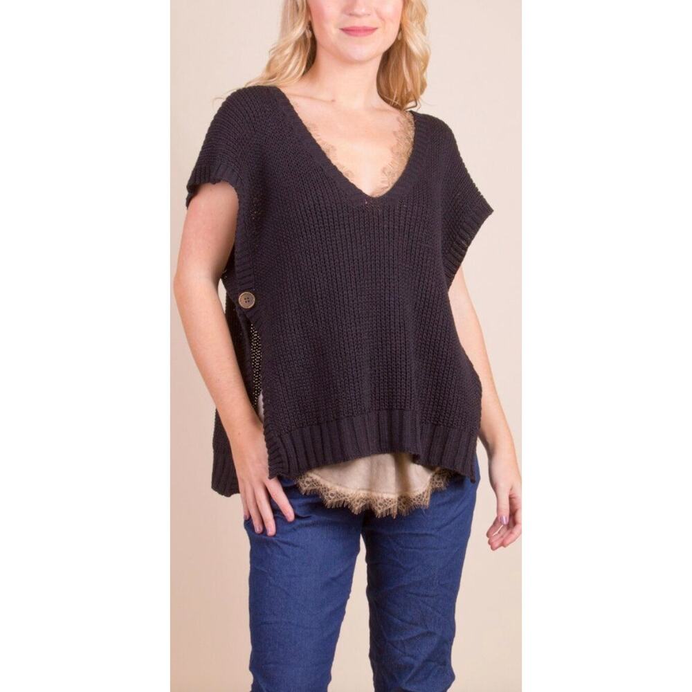 Gigi Moda Black Editta Sweater Vest Button Side Knit Lagenlook One Size